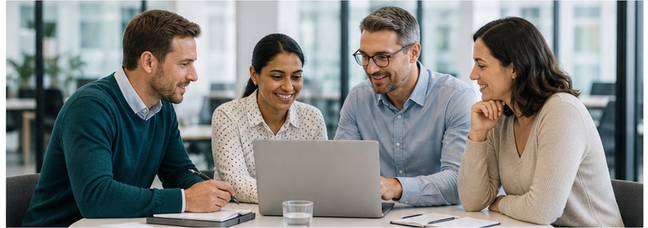 Consultants reviewing workforce and payroll requirements around a laptop