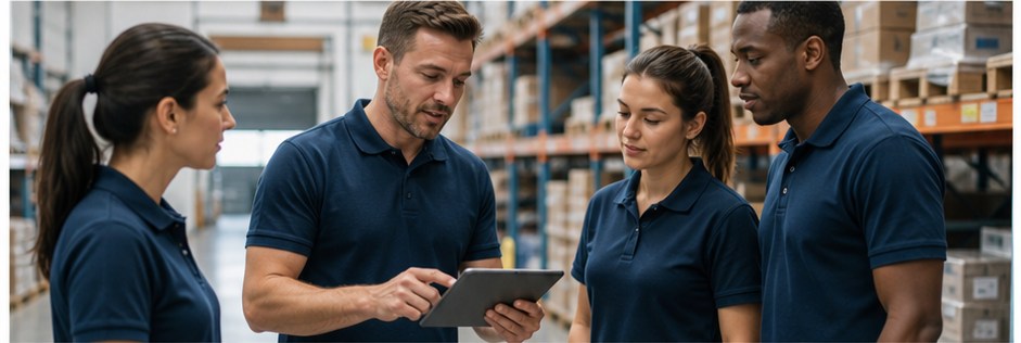 Supervisor briefing warehouse workers using a tablet
