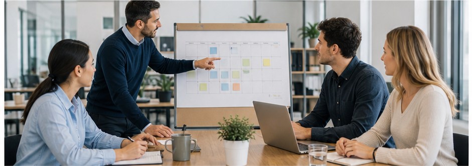 Team reviewing a workforce planning schedule in an office